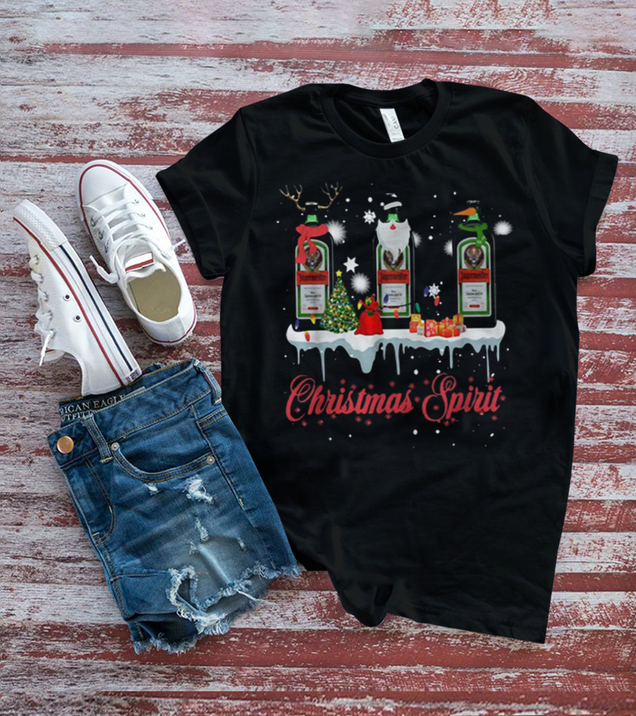 Christmas Spirit Jagermeister Bottles With Holiday Decorations And Snowflakes T-Shirt
