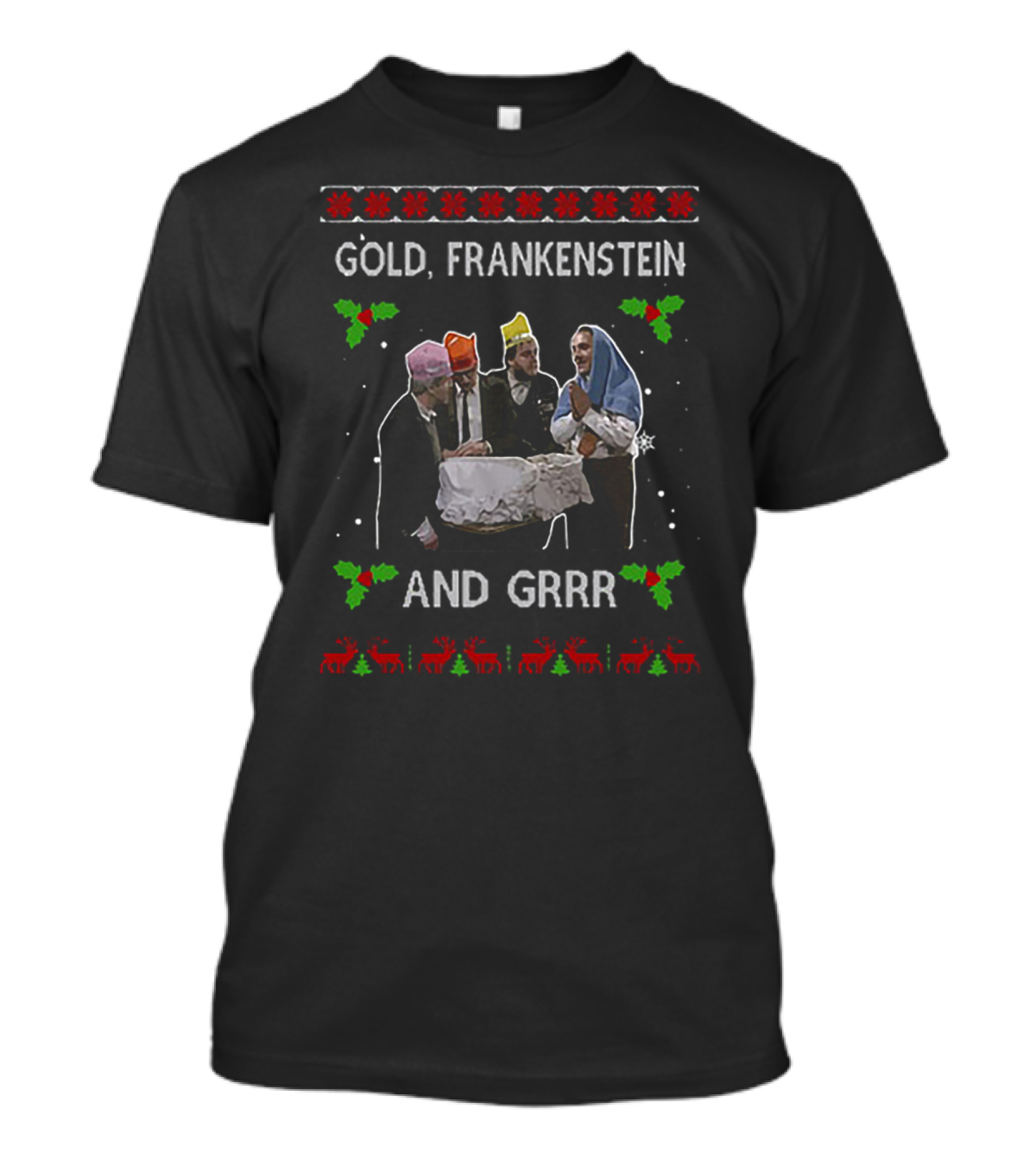 Gold Frankenstein And Grrr Christmas Nativity Scene T-Shirt