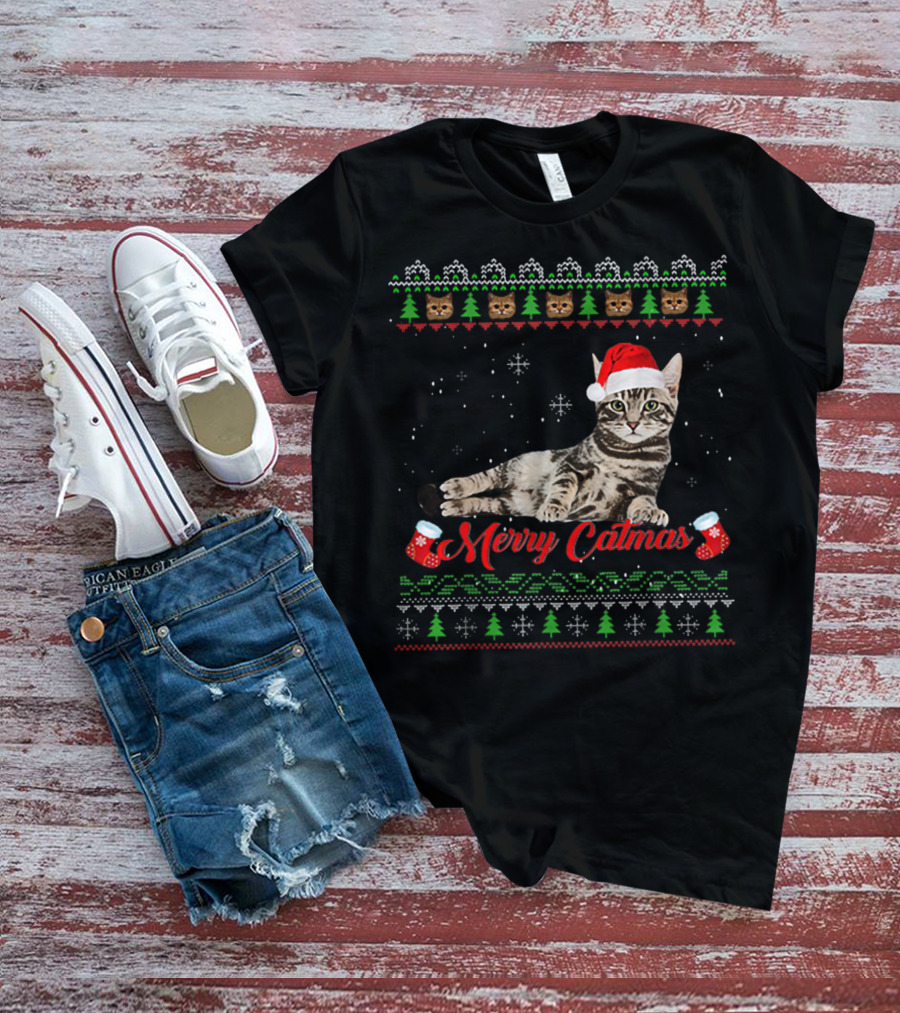 Merry Catmas Christmas Cat Santa Hat Festive Design With Christmas Trees And Stockings T-Shirt