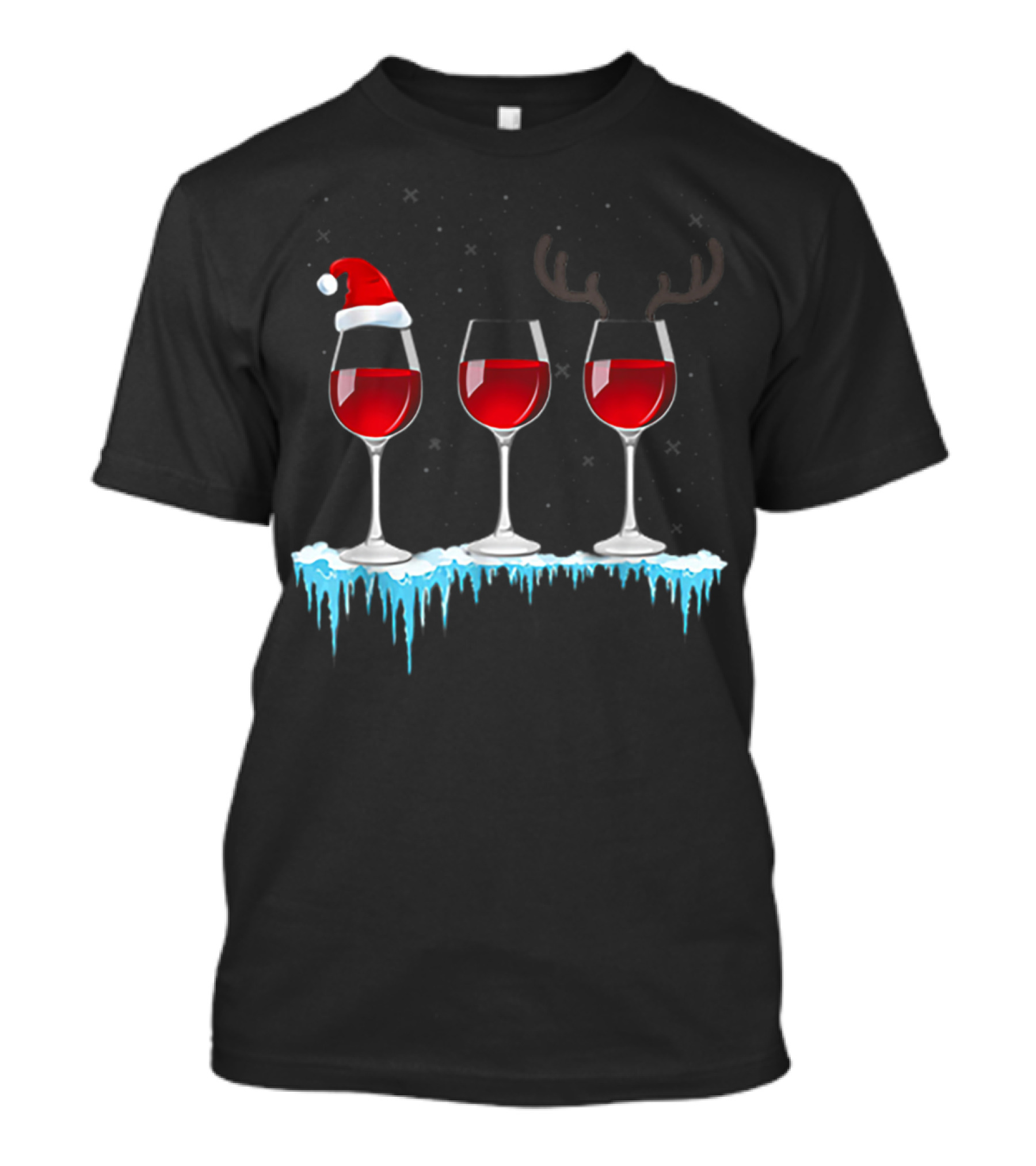 Red Wine Three Glasses Santa Hat Antlers Snow Holiday T-Shirt