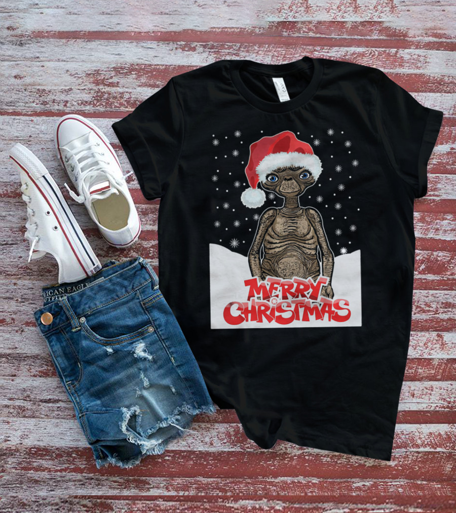 Merry Christmas ET The Extra Terrestrial Santa Hat Snowflakes T-Shirt