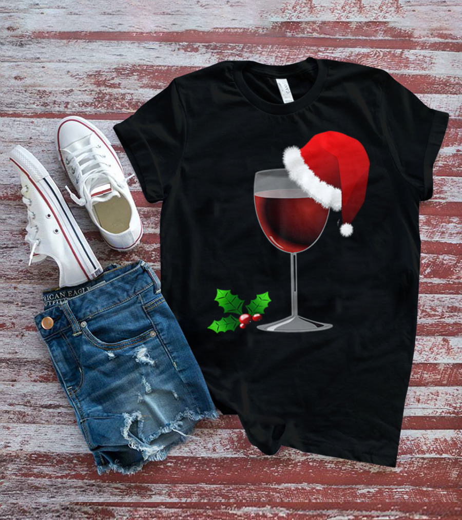 Wine Christmas Santa Hat Holly T-Shirt