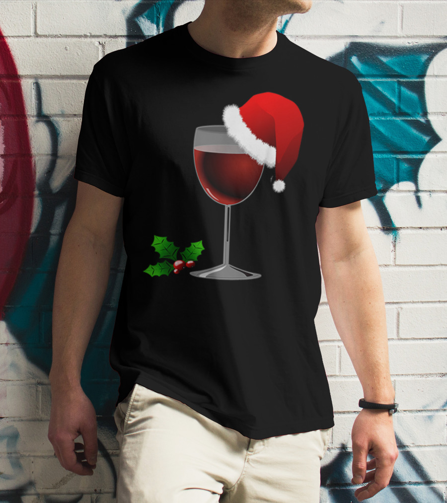 Wine Christmas Santa Hat Holly T-Shirt