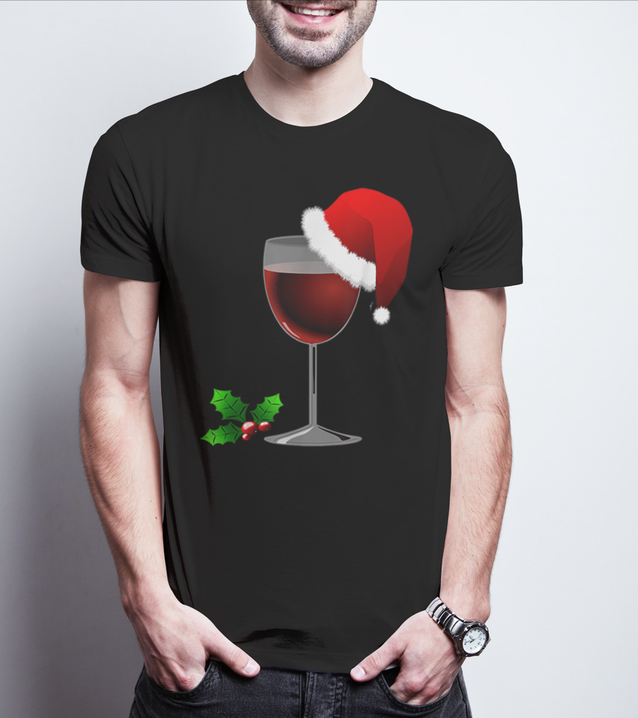 Wine Christmas Santa Hat Holly T-Shirt