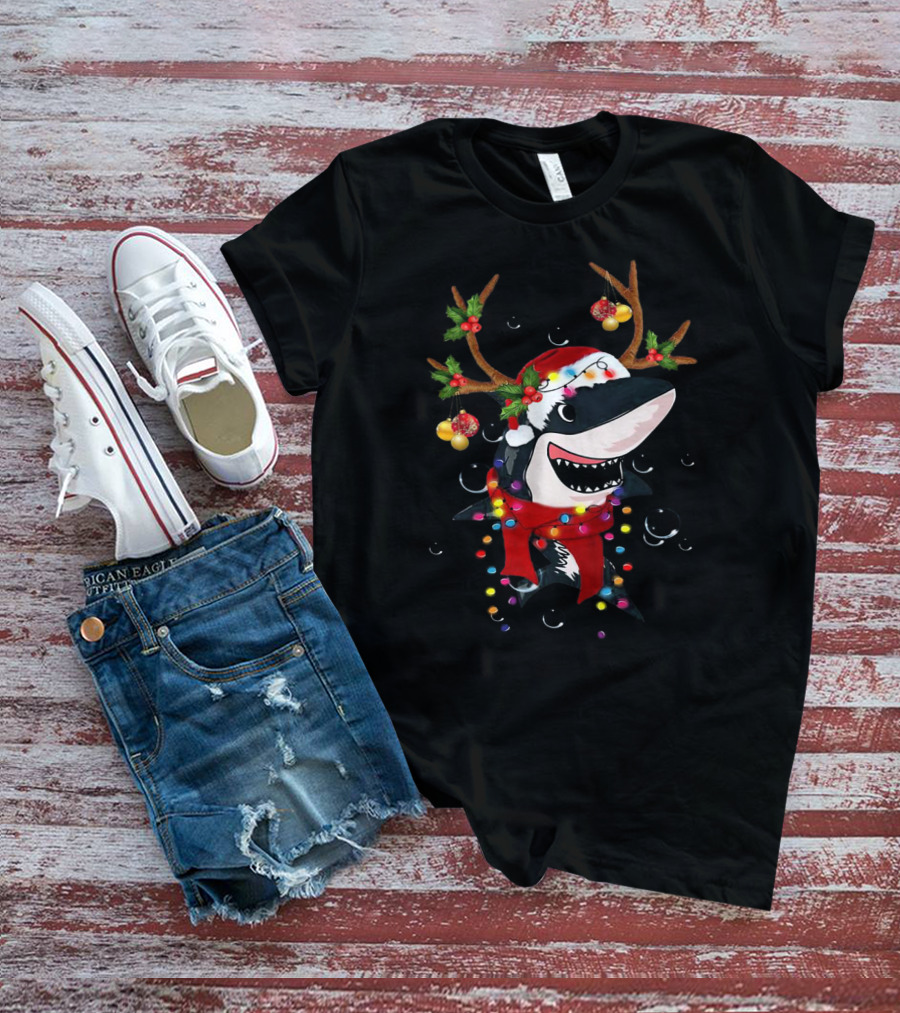 Shark With Christmas Reindeer Antlers And Santa Hat T-Shirt