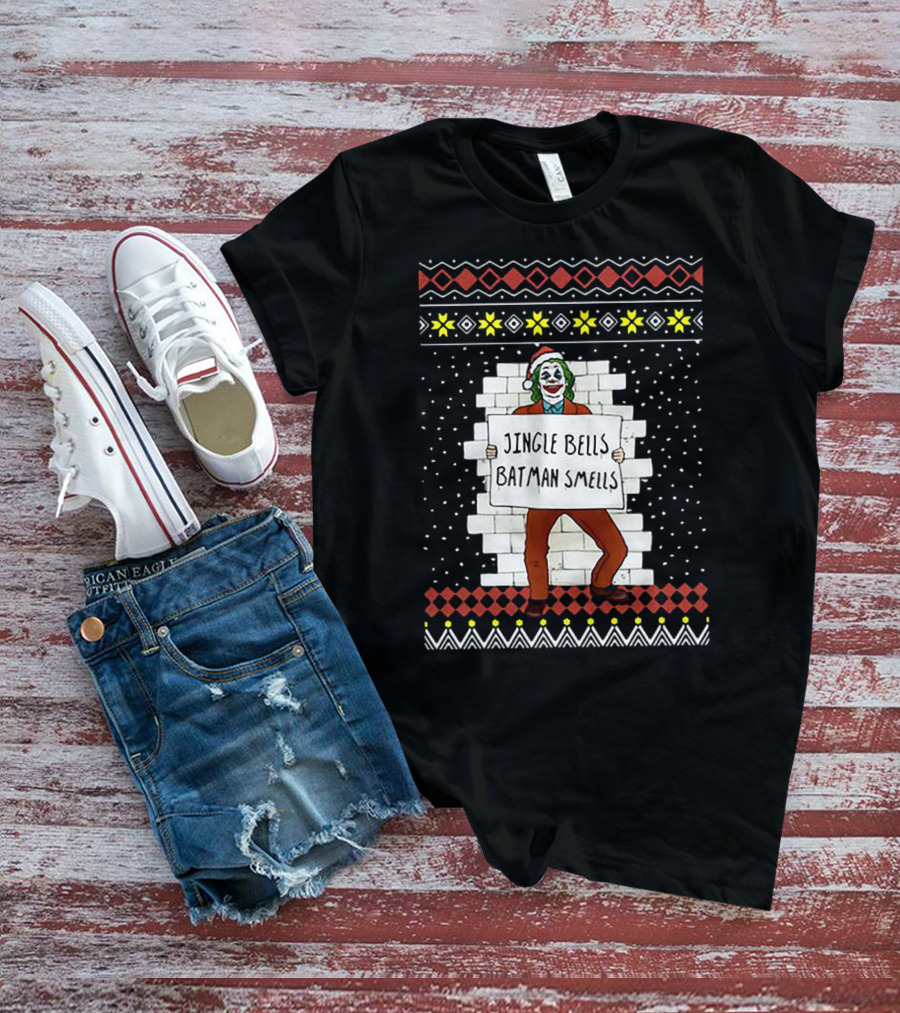 Jingle Bells Batman Smells Joker In Santa Hat Ugly Christmas T-Shirt