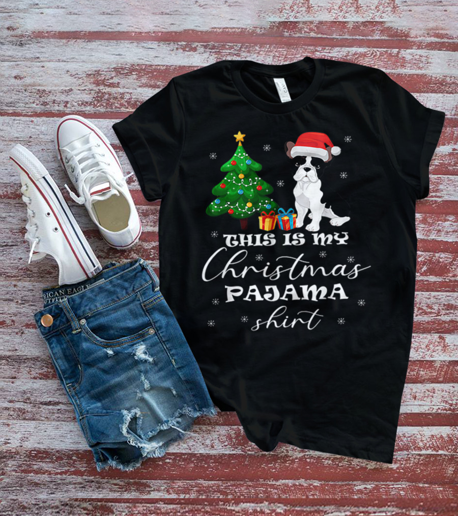 This Is My Christmas Pajama Shirt Bulldog Santa Hat Christmas Tree Presents T-Shirt