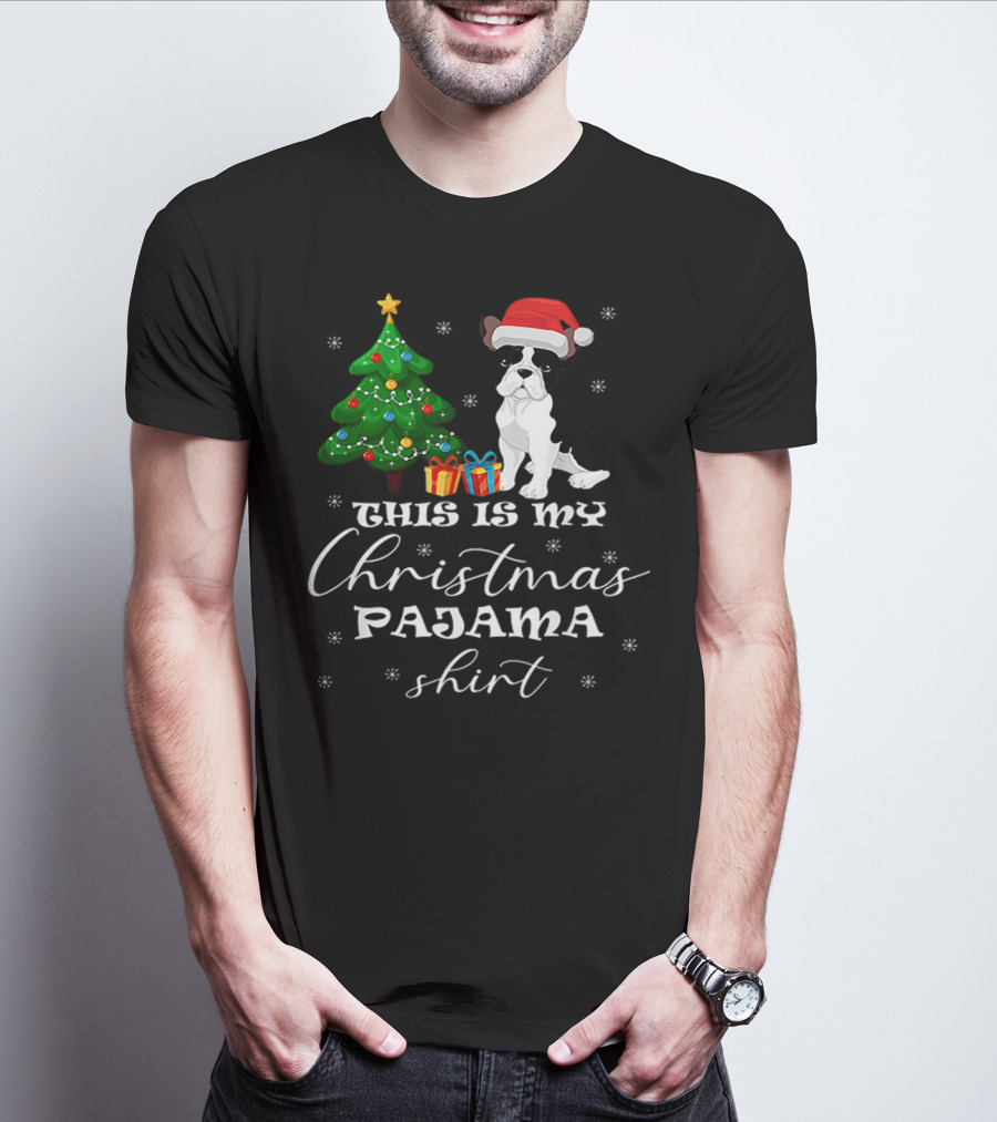 This Is My Christmas Pajama Shirt Bulldog Santa Hat Christmas Tree Presents T-Shirt