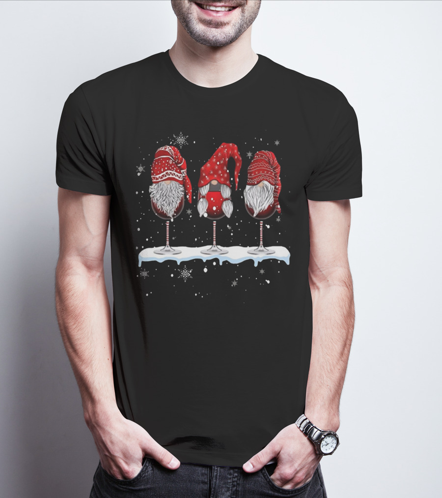 Wine Glasses Gnomies Holiday Snowflakes Gnome Trio T-Shirt