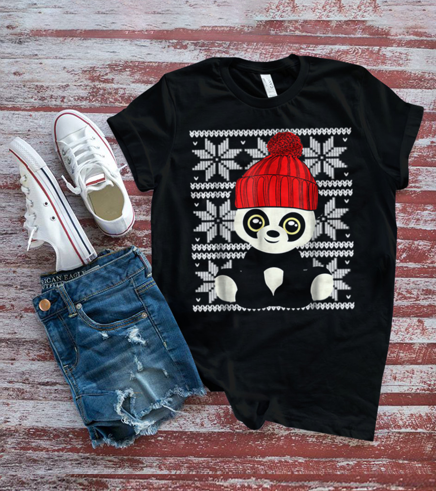 Ugly Sweater Christmas Panda Bear With Red Knit Hat T-Shirt