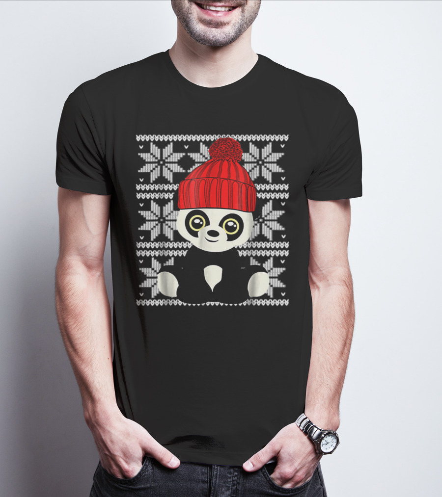 Ugly Sweater Christmas Panda Bear With Red Knit Hat T-Shirt
