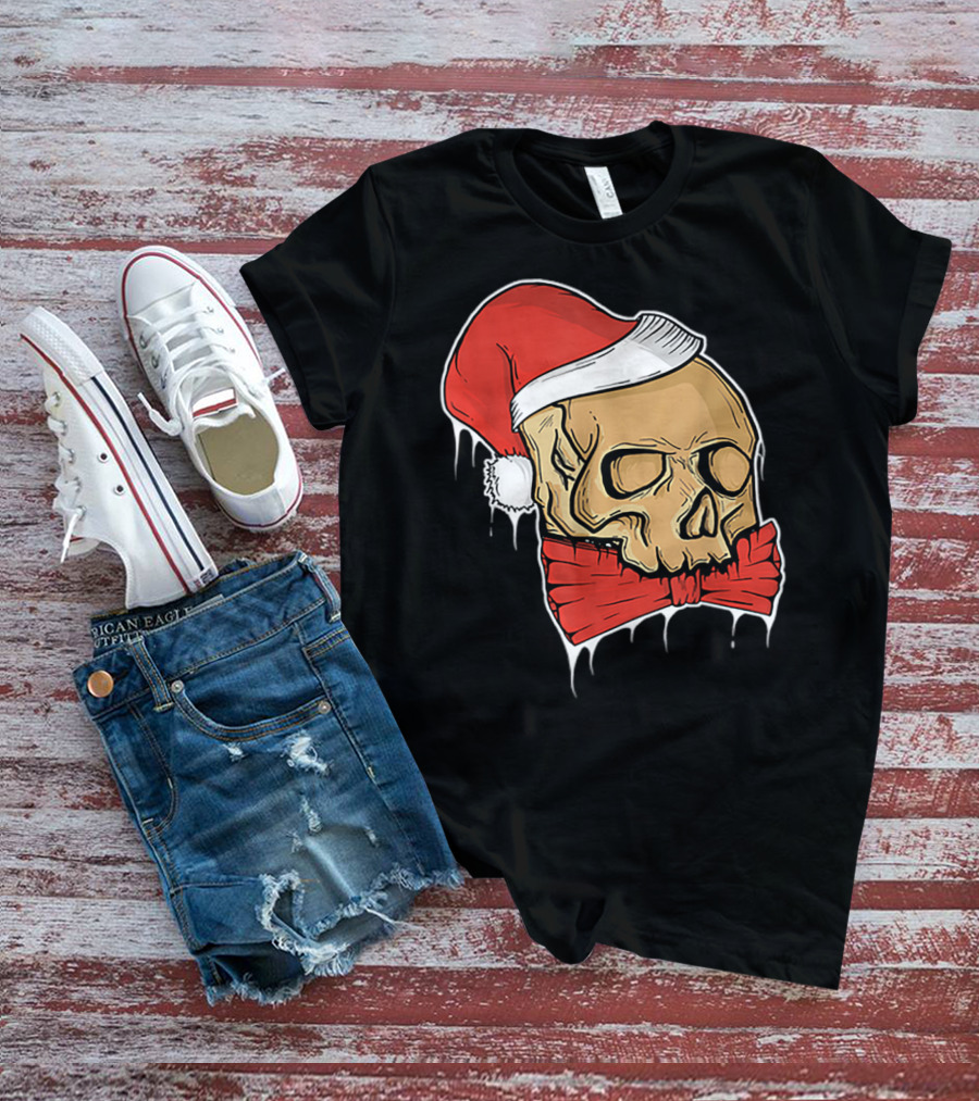 Vintage Skull Christmas Santa Hat Bow T-Shirt