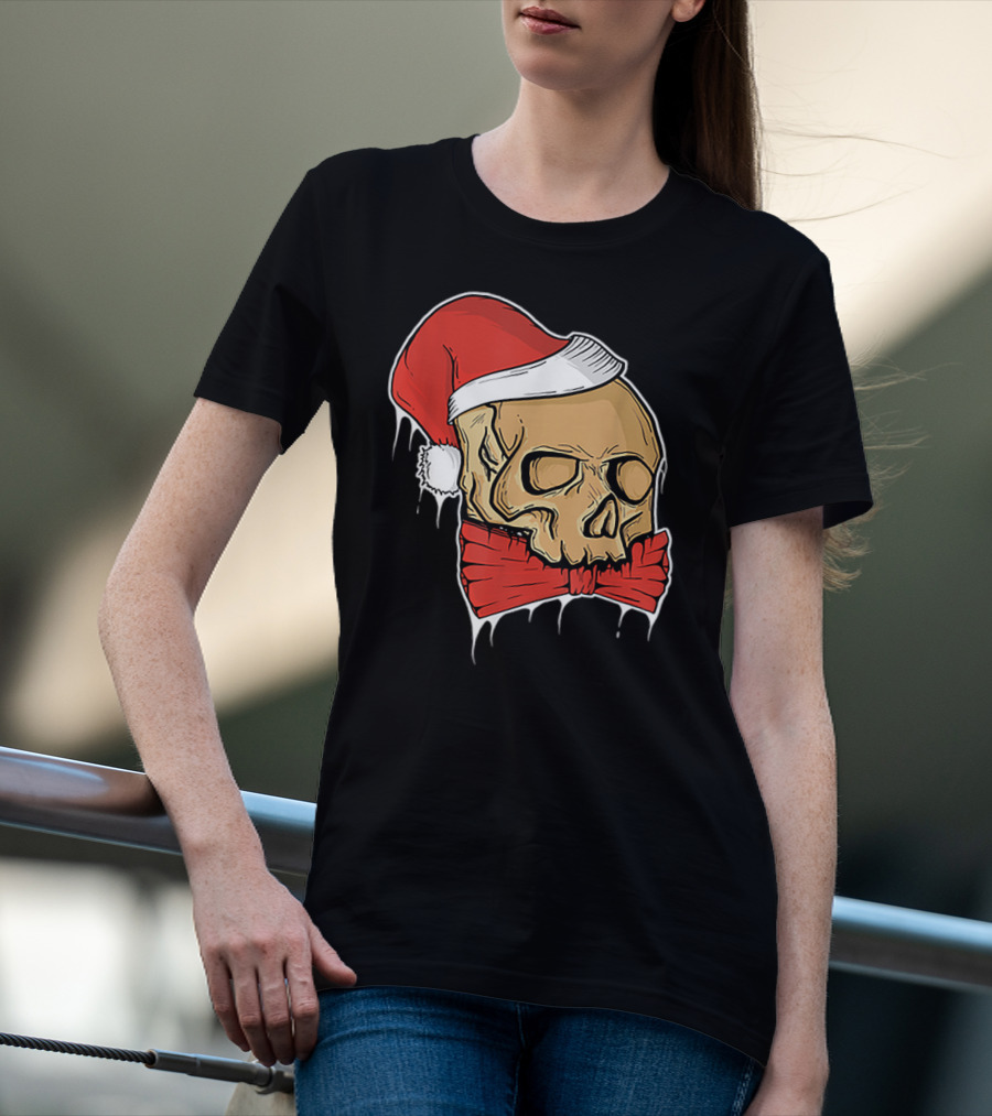 Vintage Skull Christmas Santa Hat Bow T-Shirt