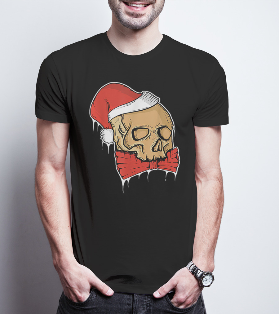 Vintage Skull Christmas Santa Hat Bow T-Shirt