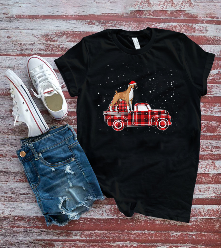 Boxer Buffalo Plaid Truck Xmas Santa Hat Snow T-Shirt