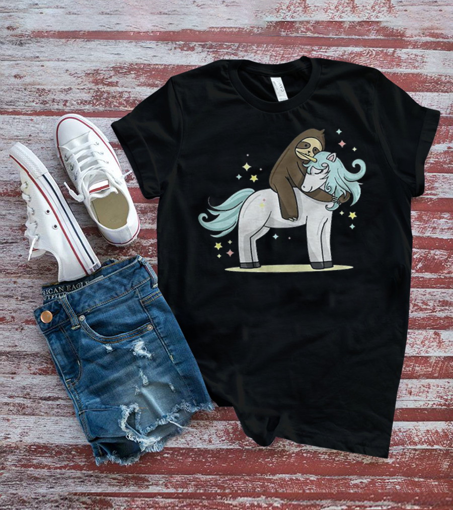 Sloth Hugging Magical Unicorn Surrounded By Sparkling Stars T-Shirt