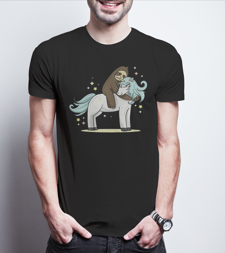 Sloth Hugging Magical Unicorn Surrounded By Sparkling Stars T-Shirt