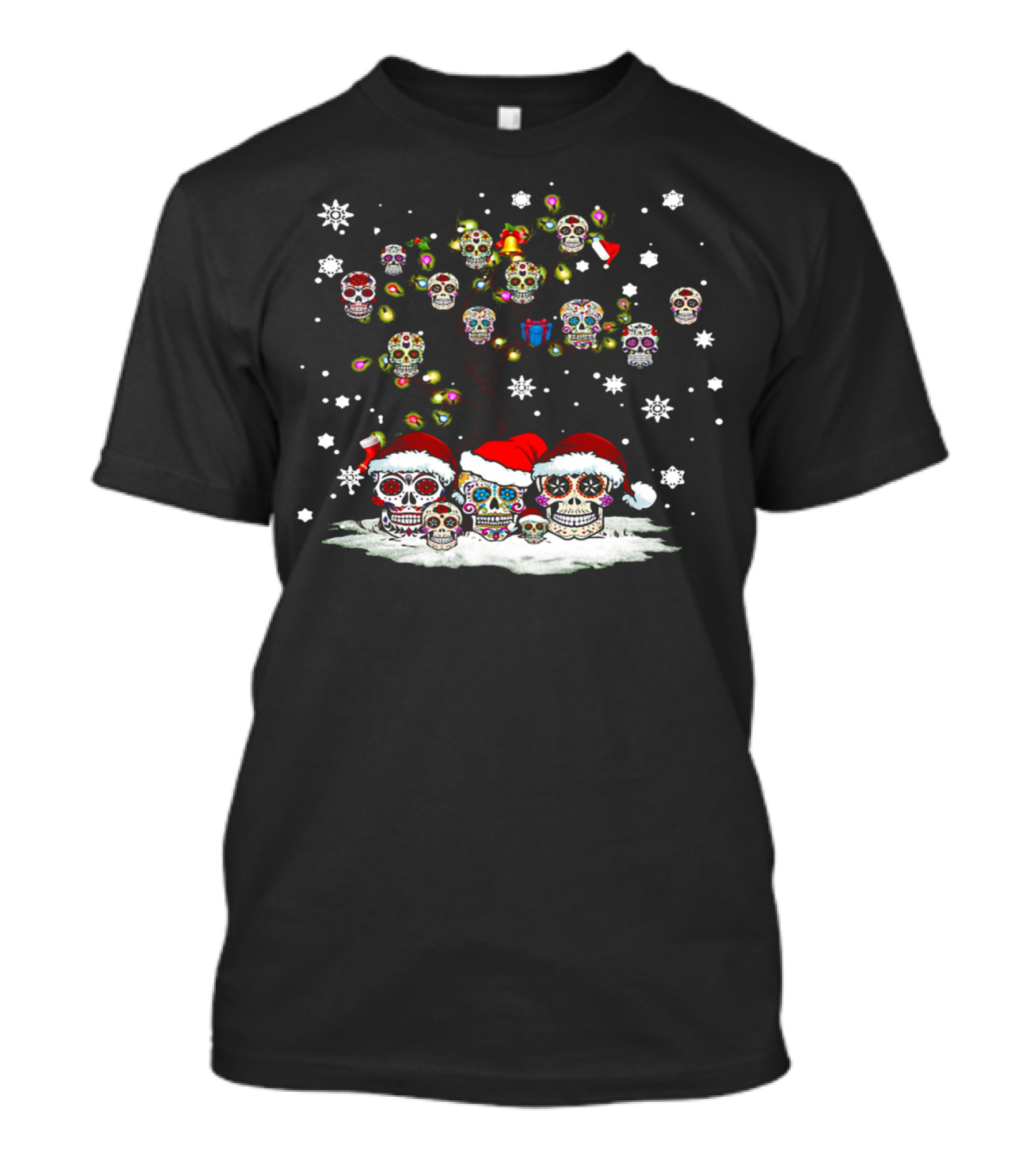 Christmas Sugar Skull Tree With Santa Hats And Snowflakes T-Shirt
