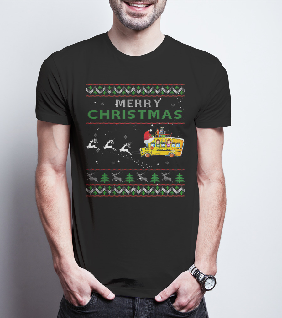 Merry Christmas School Bus Driver Santa And Reindeer Holiday T-Shirt