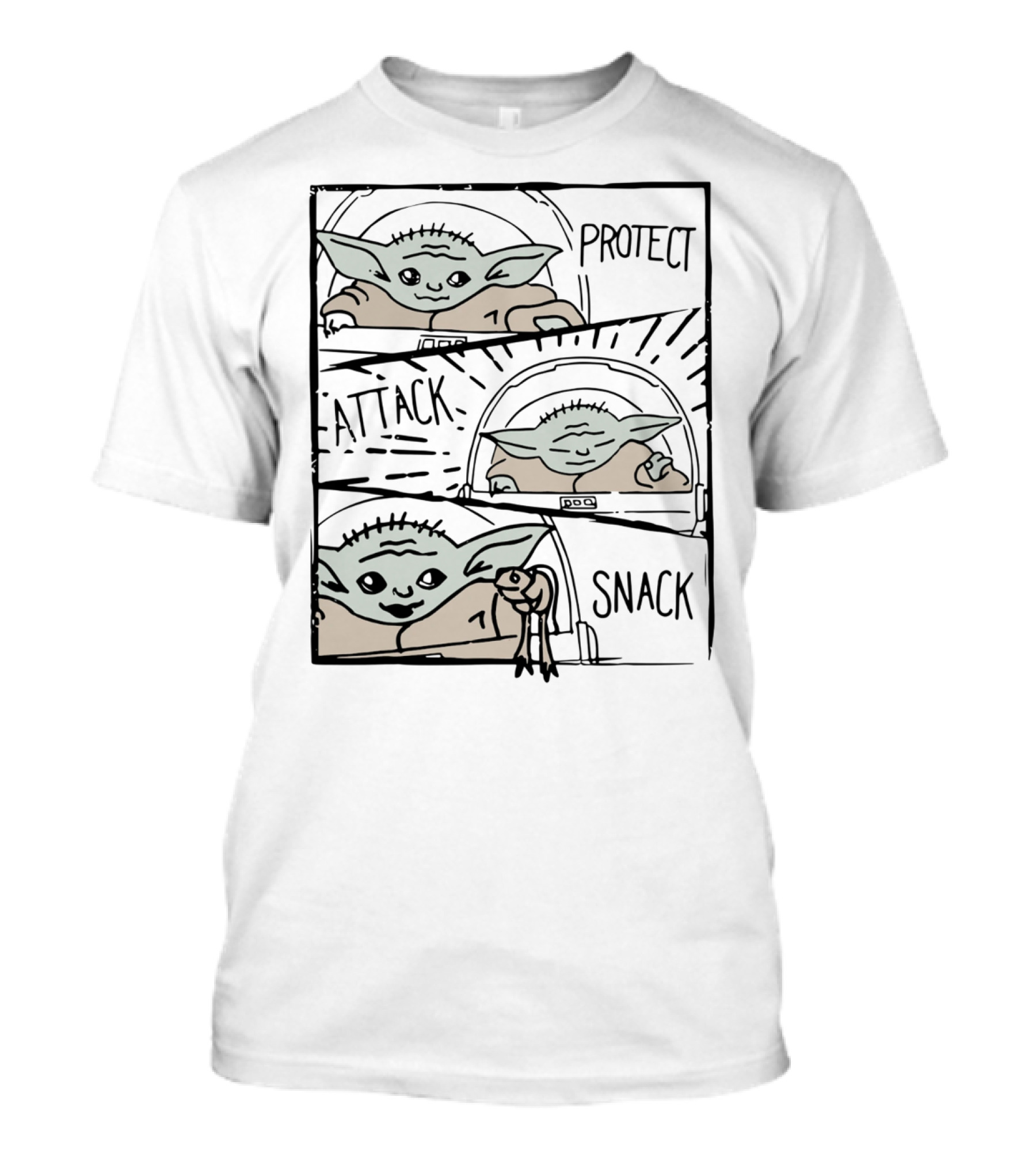 Star Wars Mandalorian Baby Yoda The Child Protect Attack Snack Comic Strip T-Shirt