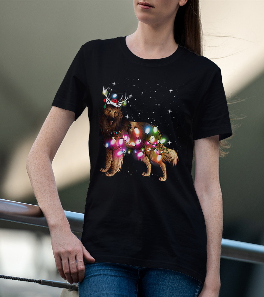 Belgian Tervuren In Santa Hat With Holiday Christmas Lights And Snowflakes T-Shirt