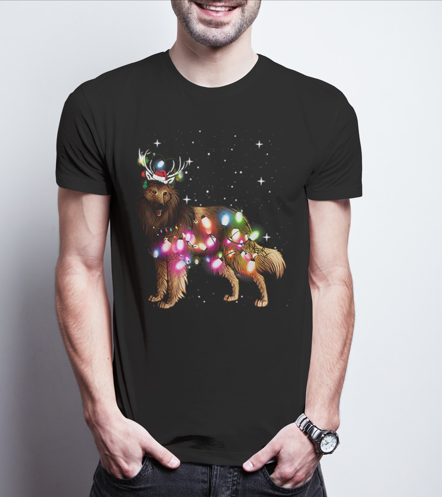 Belgian Tervuren In Santa Hat With Holiday Christmas Lights And Snowflakes T-Shirt