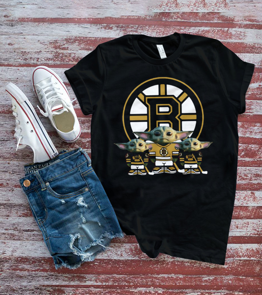 Boston Bruins Baby Yoda Trio NHL Hockey Team Mandalorian Star Wars T-Shirt