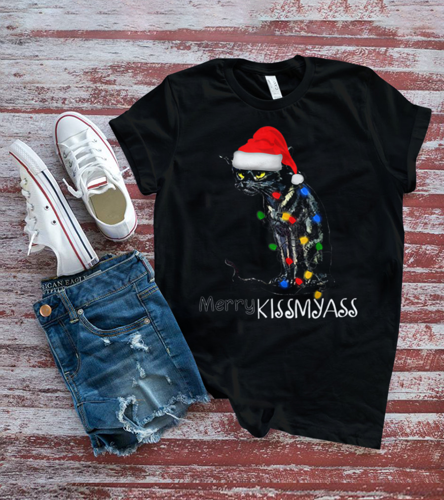 Merry Kissmyass Black Cat Santa Hat Christmas Lights T-Shirt