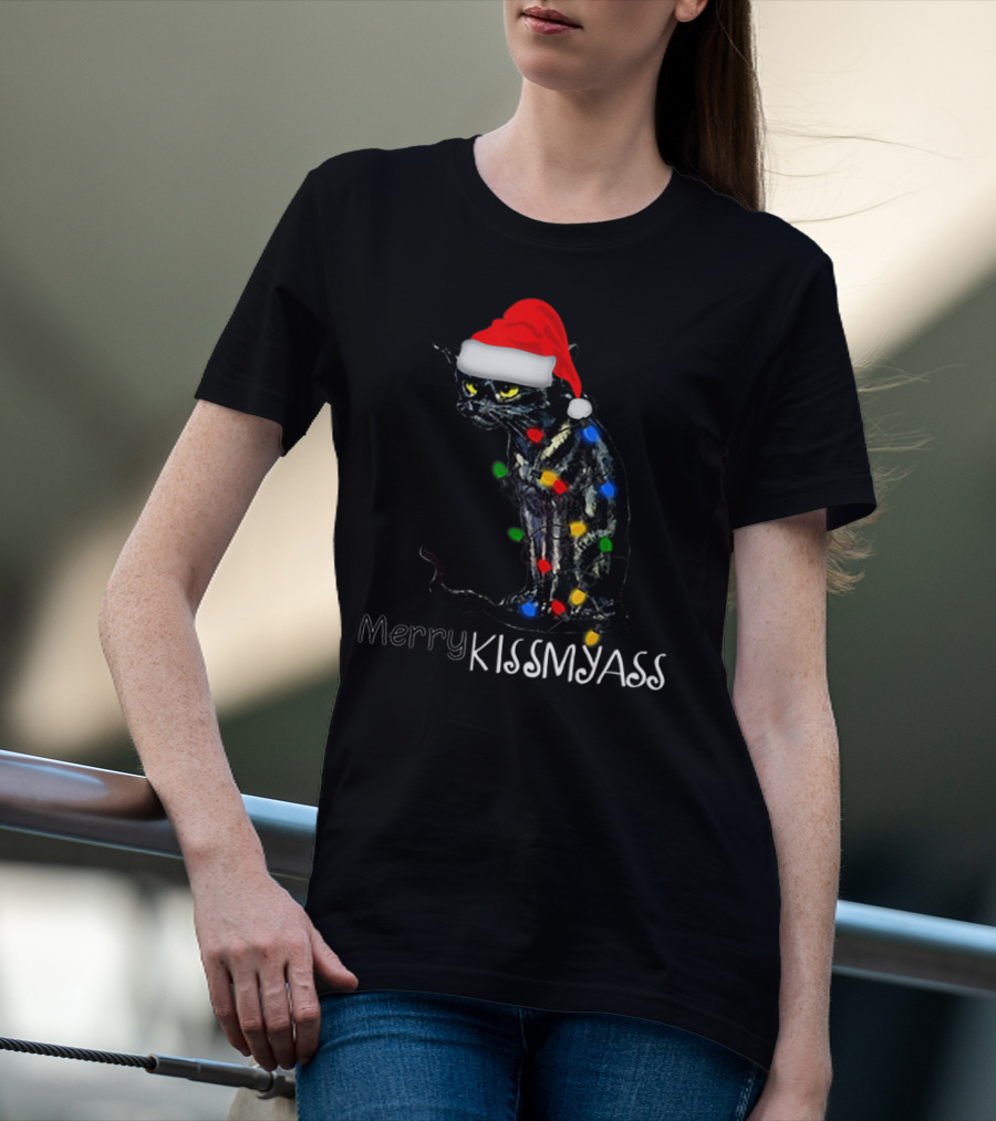 Merry Kissmyass Black Cat Santa Hat Christmas Lights T-Shirt