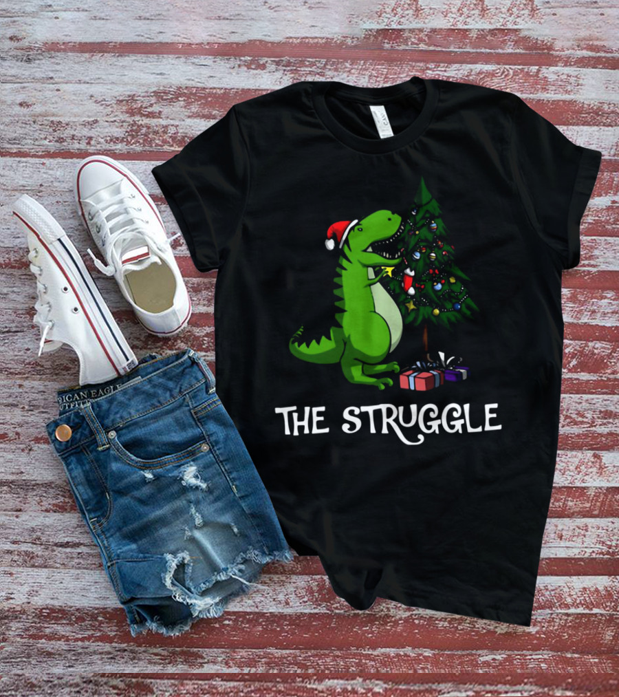 T Rex Dinosaur The Struggle With Christmas Tree T-Shirt
