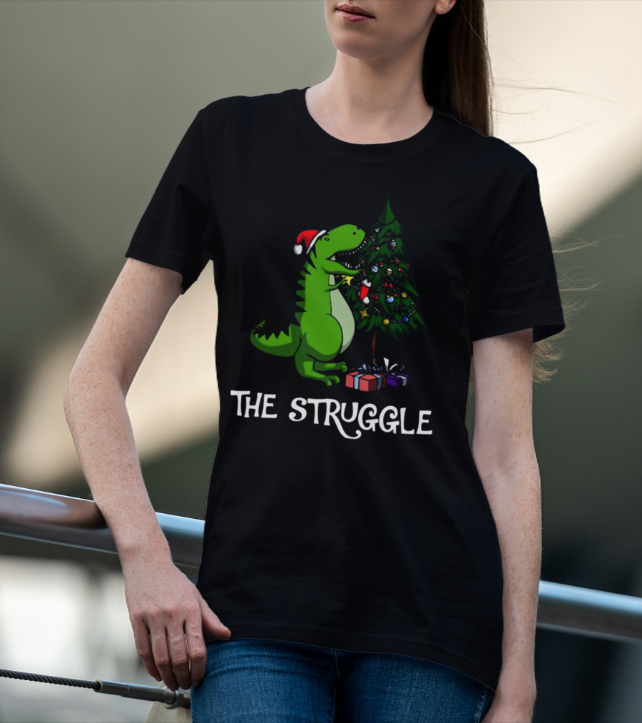 T Rex Dinosaur The Struggle With Christmas Tree T-Shirt
