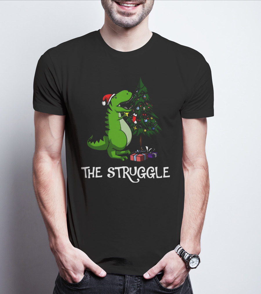 T Rex Dinosaur The Struggle With Christmas Tree T-Shirt