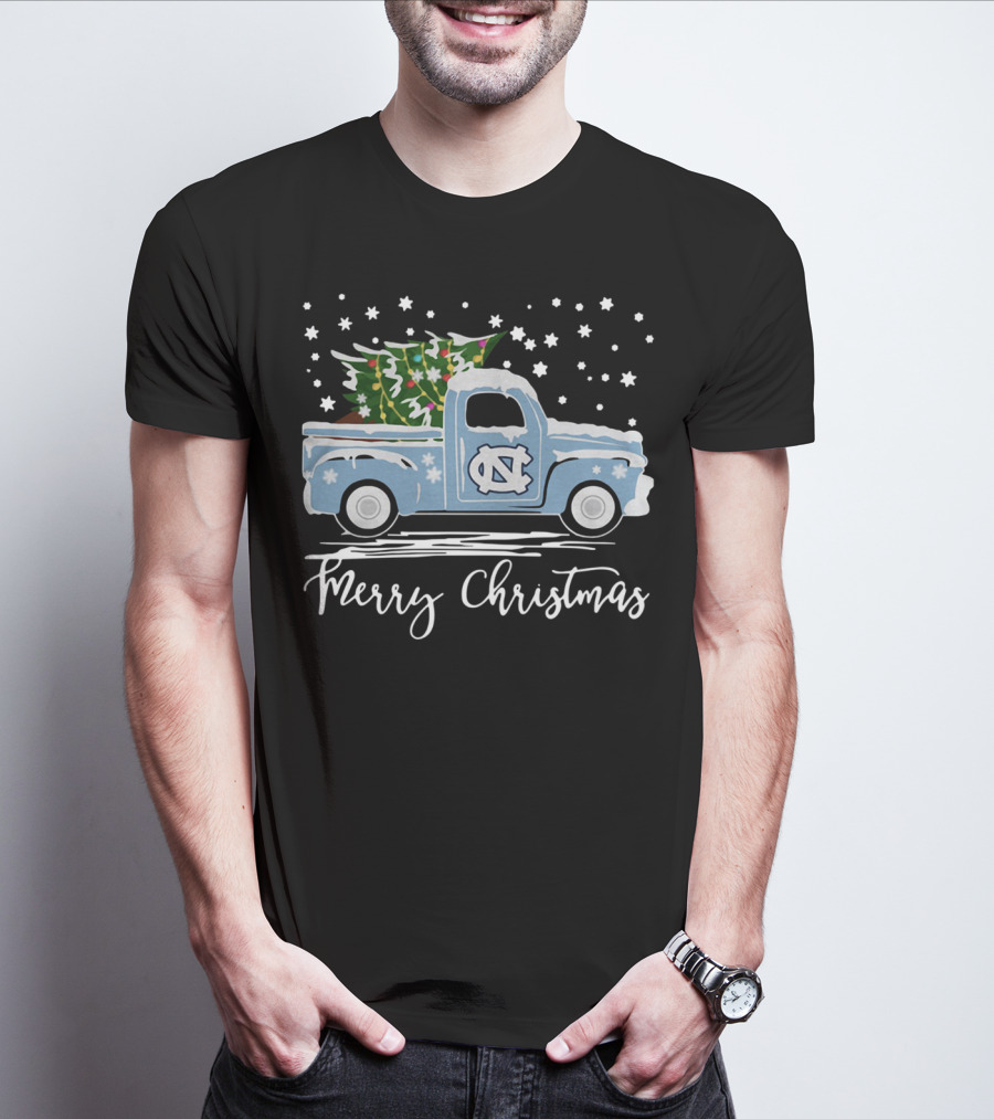 North Carolina Tar Heels Merry Christmas Pickup Truck With Tree T-Shirt