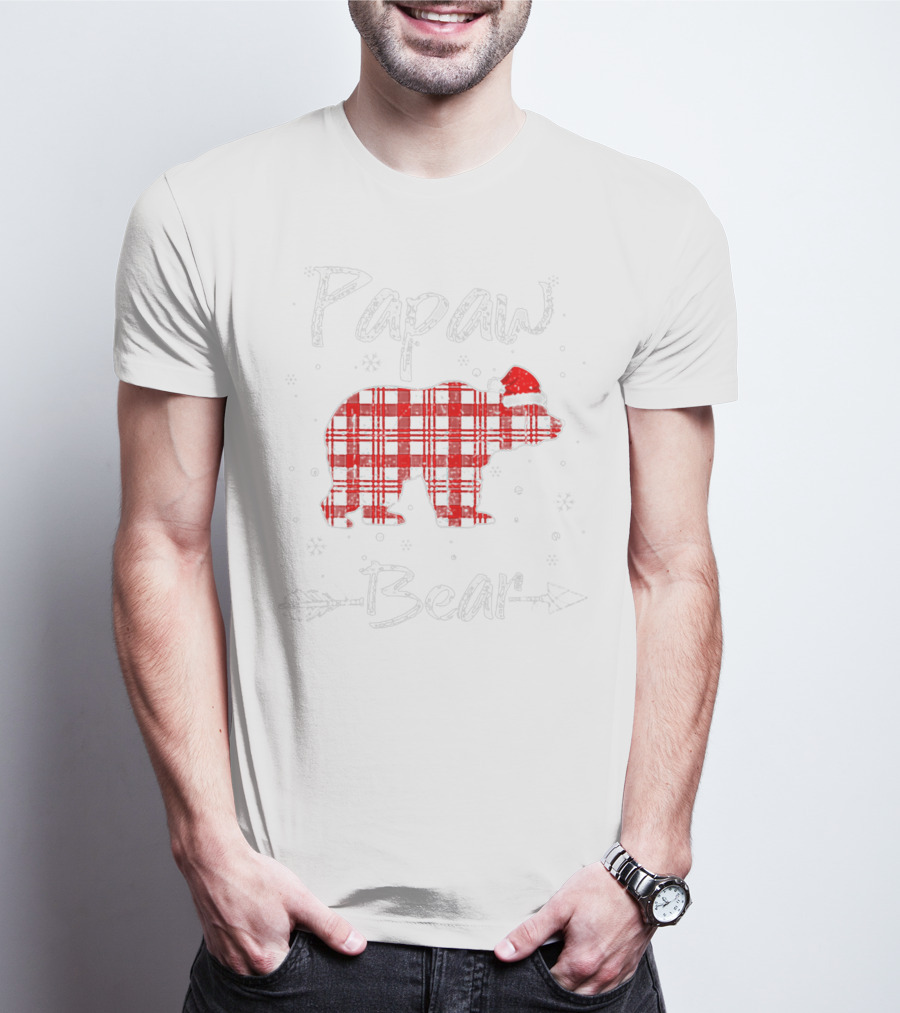 Papaw Bear Red Plaid Santa Hat Winter Holiday Plaid Bear T-Shirt