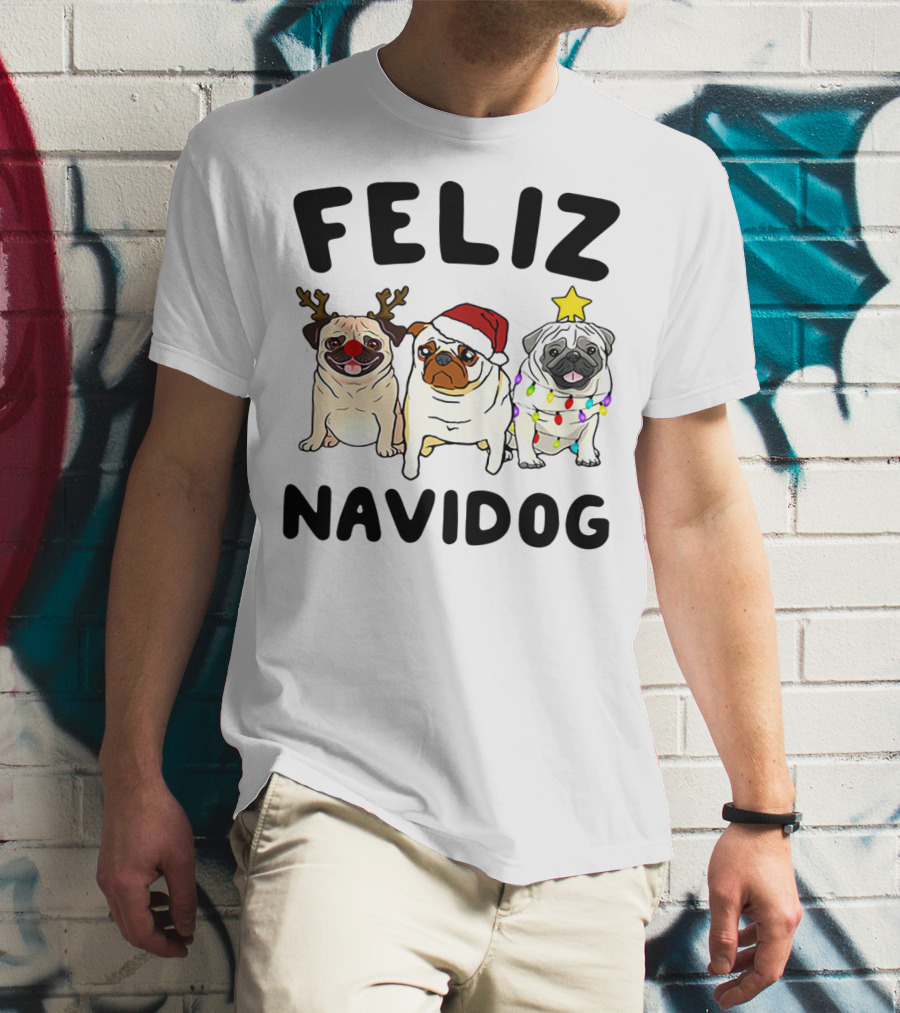 Feliz Navidog Pugs Christmas Reindeer Santa Lights T-Shirt