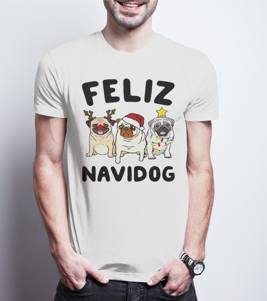 Feliz Navidog Pugs Christmas Reindeer Santa Lights T-Shirt