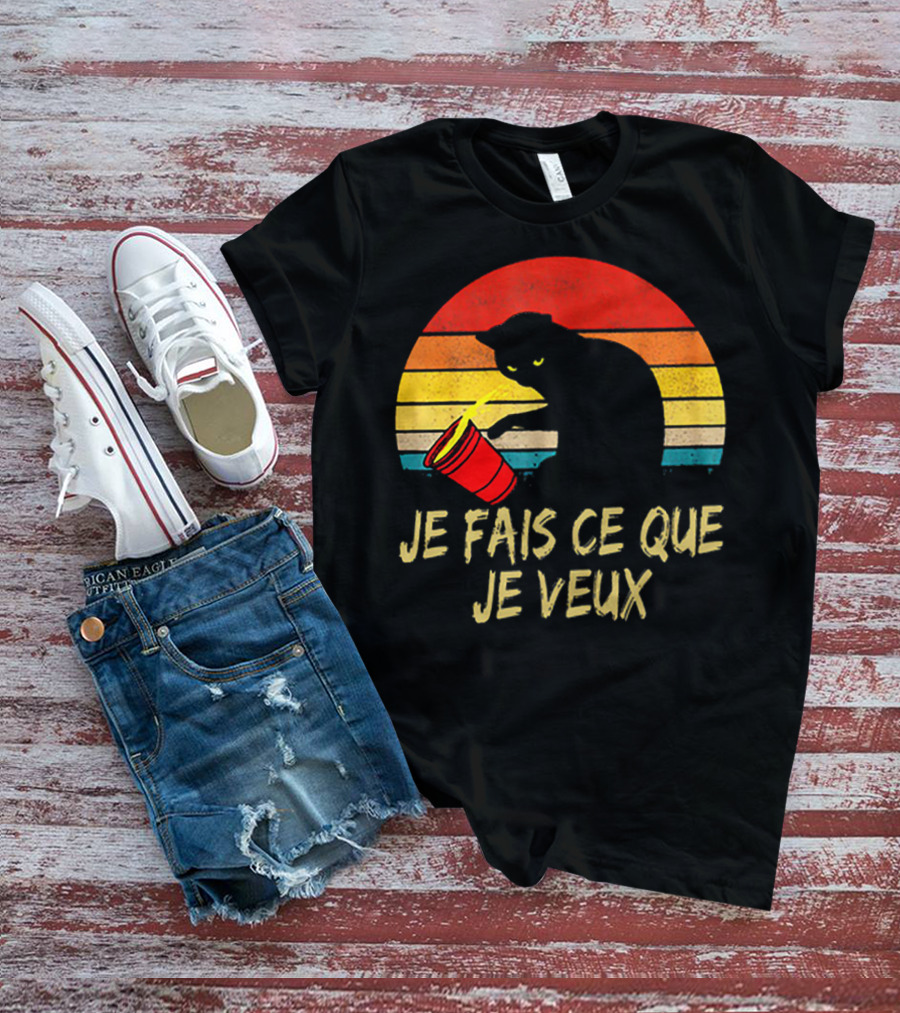 Black Cat Je Fais Ce Que Je Veux Retro Sunset Silhouette 80s T-Shirt