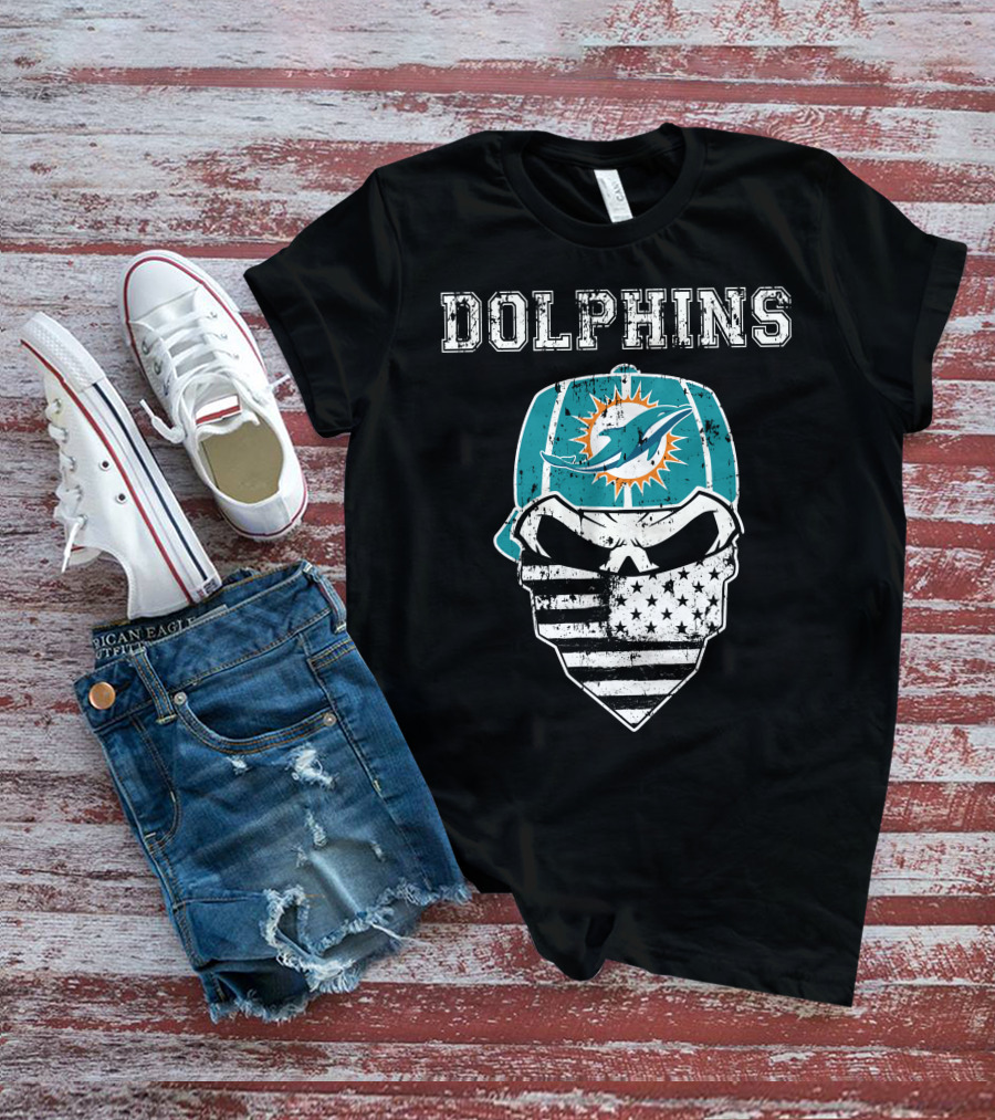 Dolphins Skull Bandana American Flag Miami Emblem T-Shirt