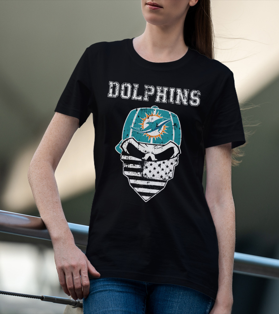 Dolphins Skull Bandana American Flag Miami Emblem T-Shirt
