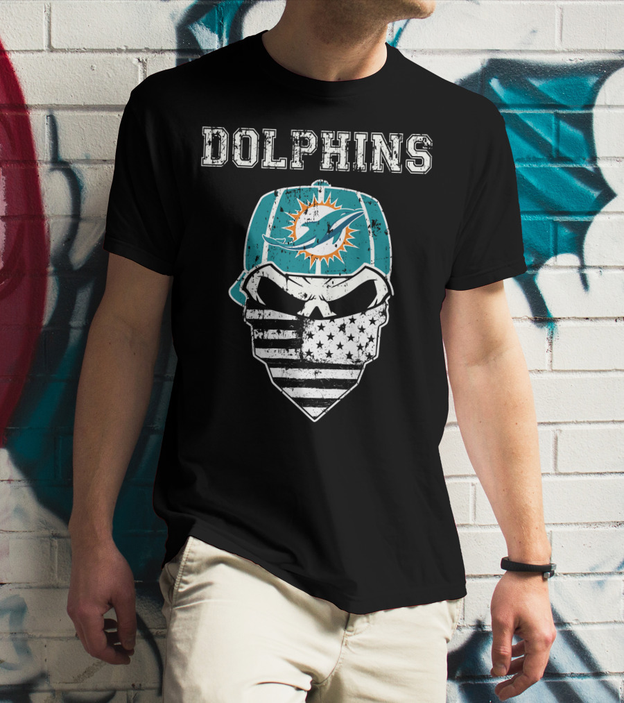 Dolphins Skull Bandana American Flag Miami Emblem T-Shirt