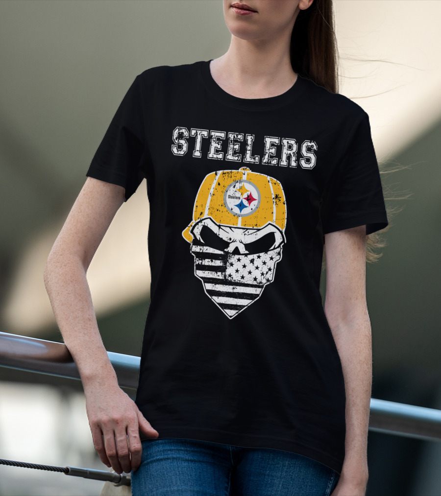 Steelers Skull With American Flag Bandana And Hat T-Shirt