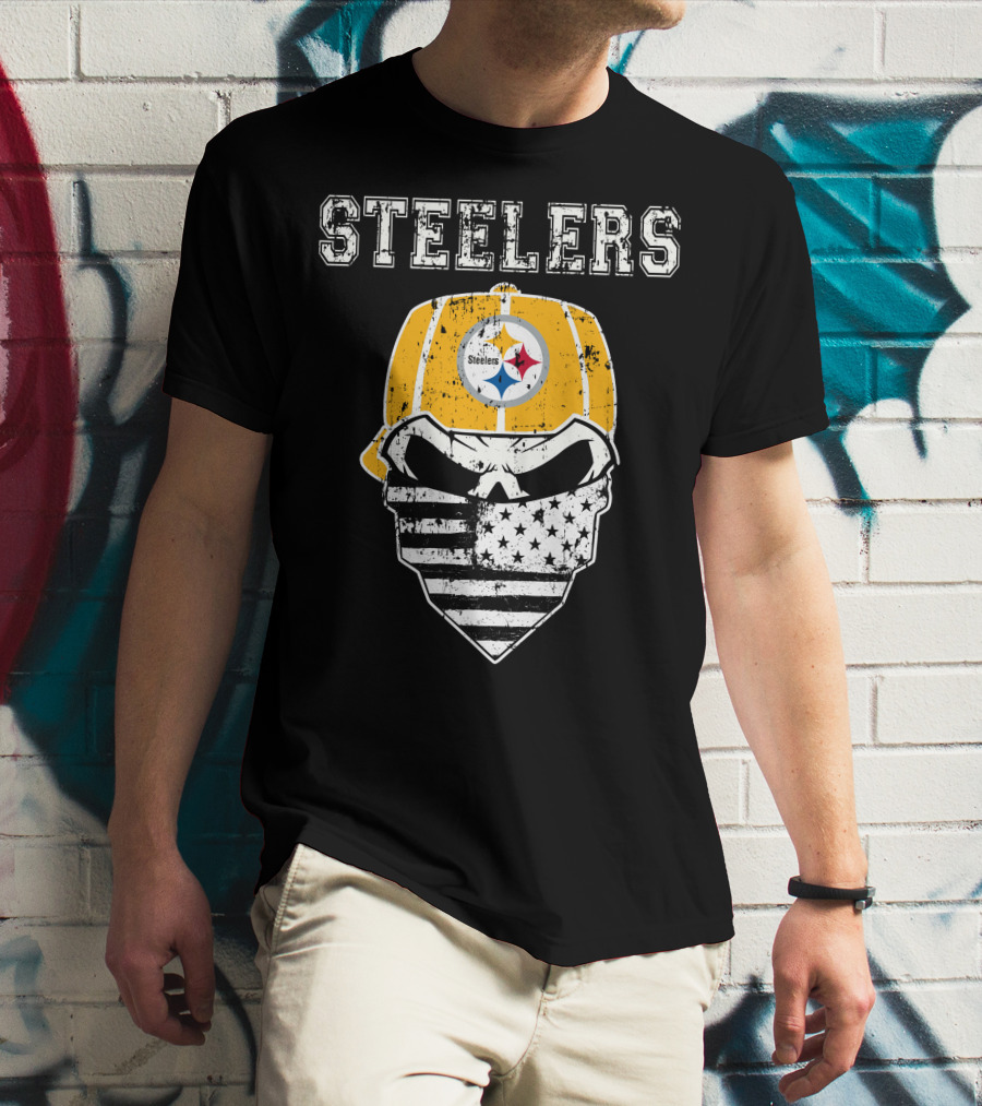 Steelers Skull With American Flag Bandana And Hat T-Shirt