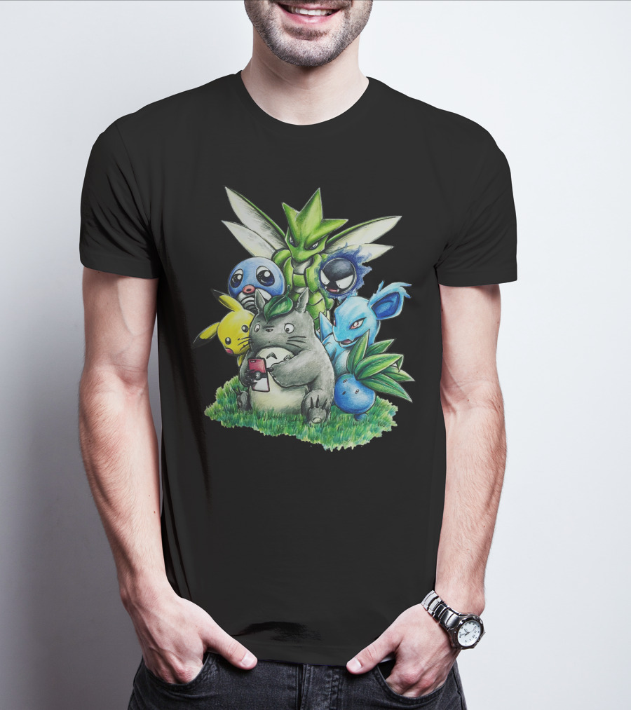 BEST FRIENDS TOTORO PIKACHU BULBASAUR SCYTHER JIGGLYPUFF GASTLY NIDORINA ODDISH MASHUP T-Shirt