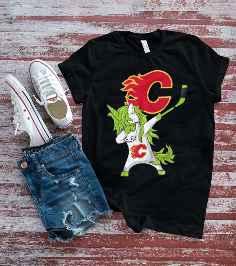 St Patrick Day Dabbing Unicorn Calgary Flames Hockey Stick T-Shirt