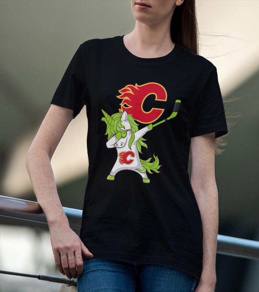 St Patrick Day Dabbing Unicorn Calgary Flames Hockey Stick T-Shirt