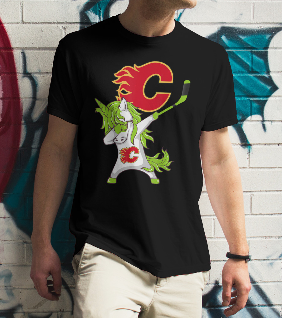 St Patrick Day Dabbing Unicorn Calgary Flames Hockey Stick T-Shirt