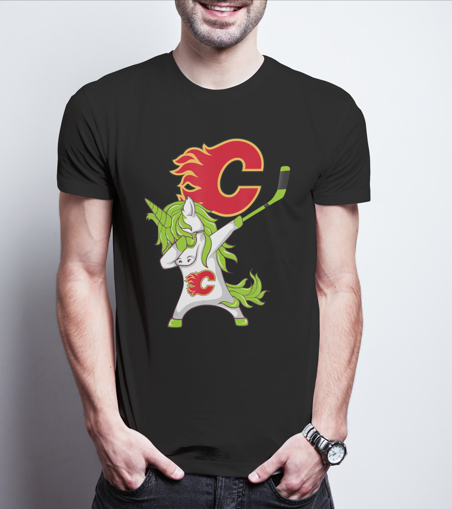 St Patrick Day Dabbing Unicorn Calgary Flames Hockey Stick T-Shirt