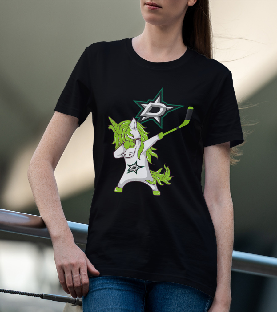 St Patrick's Day Dabbing Unicorn With Hockey Stick Dallas Stars T-Shirt