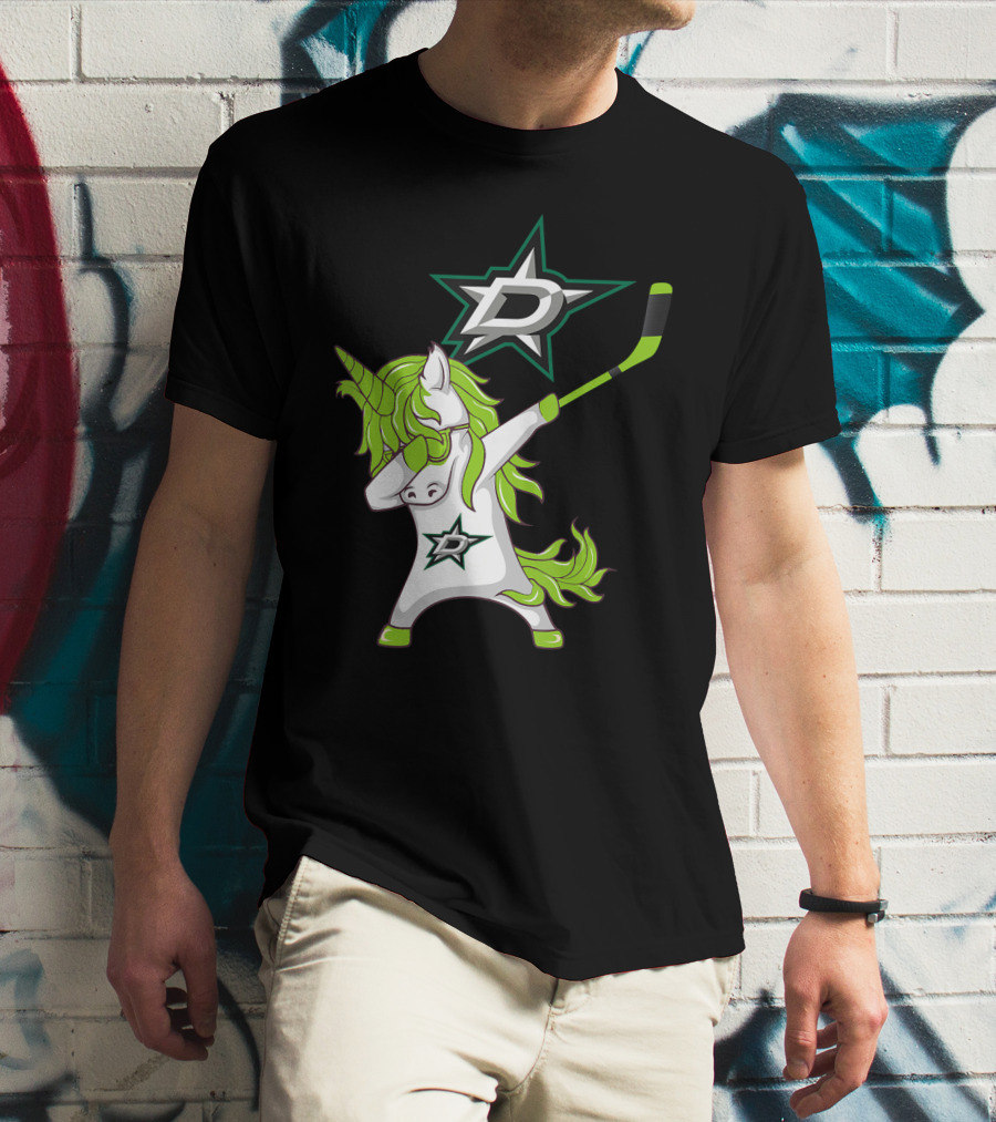 St Patrick's Day Dabbing Unicorn With Hockey Stick Dallas Stars T-Shirt