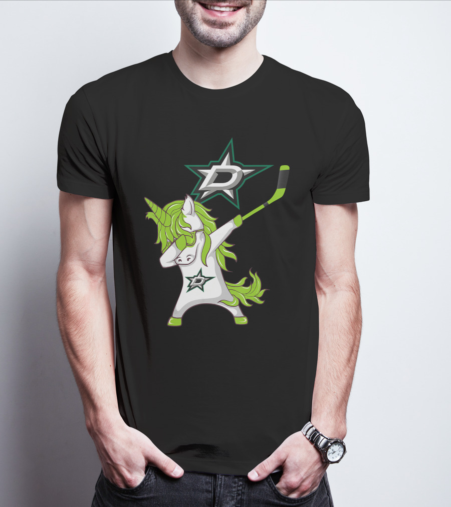 St Patrick's Day Dabbing Unicorn With Hockey Stick Dallas Stars T-Shirt